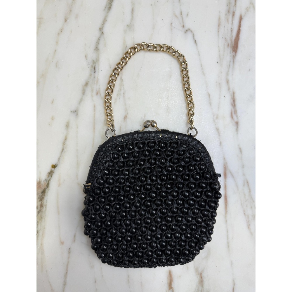Vintage Majelli Pre-War Black Beaded Clutch Bag with Chain Handle